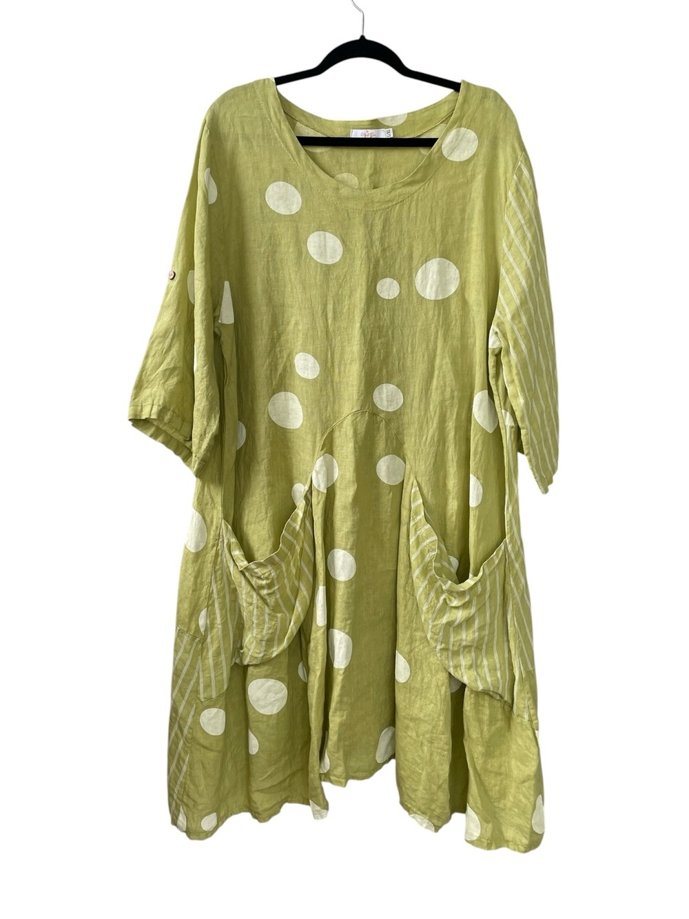 ME & GEE Italy Linen Lagenlook Oversized Green Polka Dot Midi Dress L/XL
